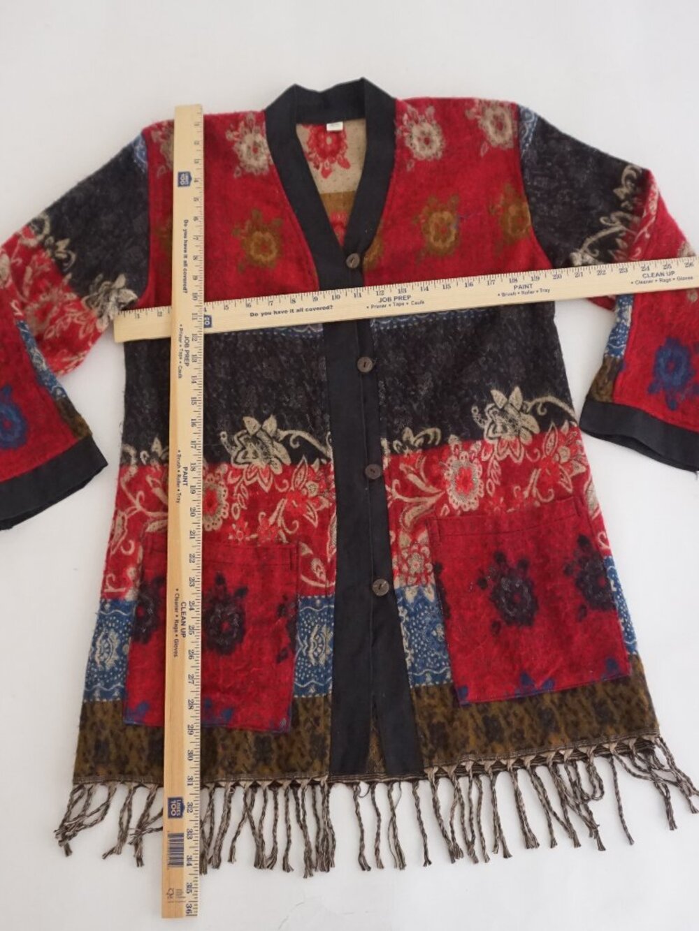 Vintage Red Black Floral Fringe Open Front Wool Cardigan Boho Tapestry XL - Picture 3 of 9